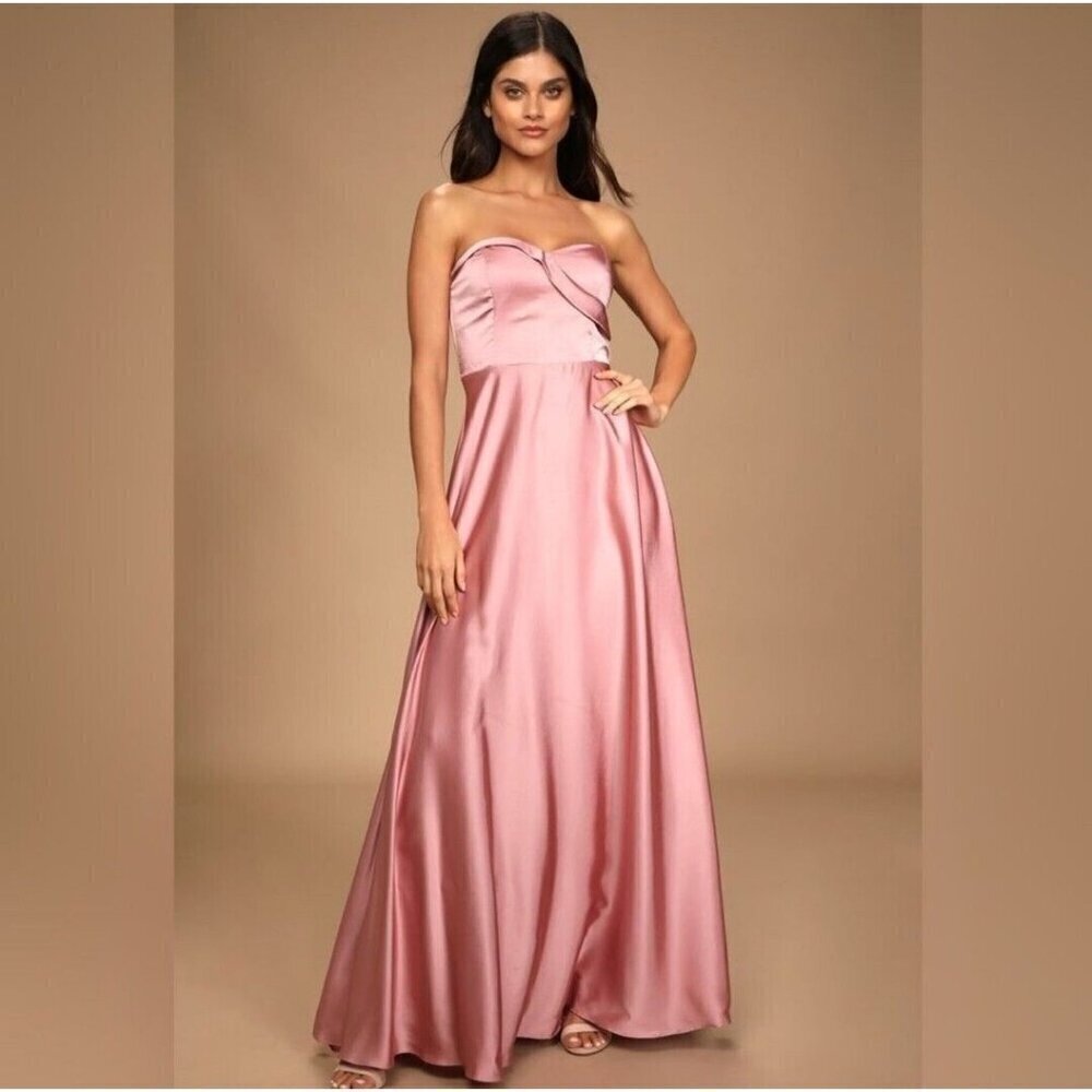 Lulus‎ Maxi Dress Medium Real Romantic Light Rose Satin Strapless Bridesmaid New